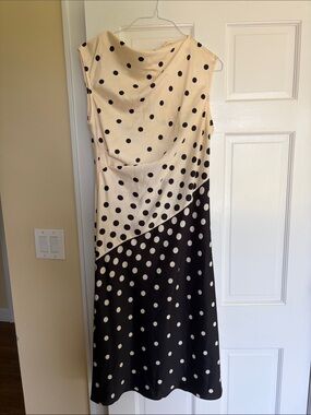 H by Halston Cream and Black Polka Dot Sleeveless Midi Dress
